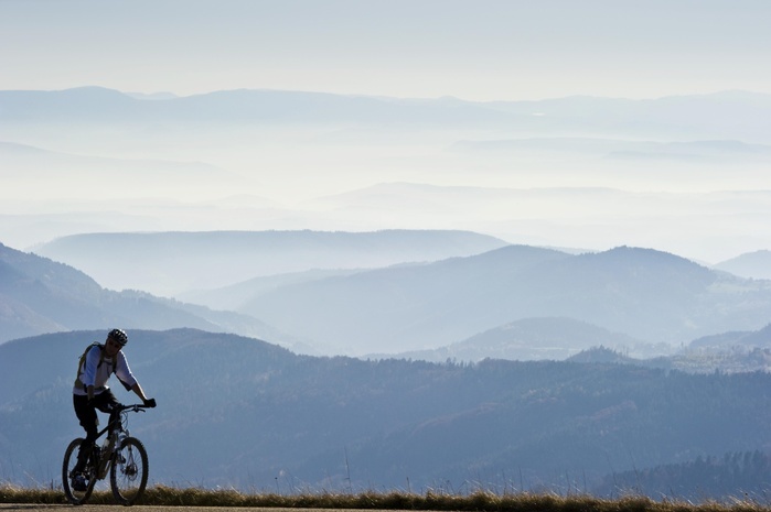 Mountain biker on Mt Belchen, Southern Black Forest, Black Forest, Baden-Wuerttemberg, Germany, Europe