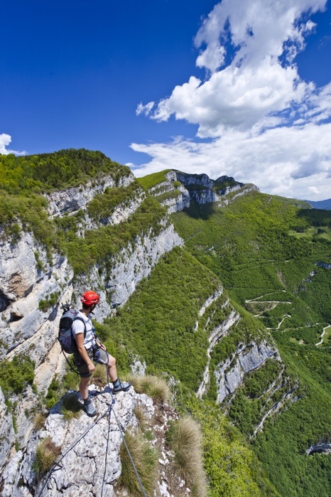hiking Gerardo Sega fixed rope route on Monte Baldo above Avio, Lake Garda mountains, province of Trento, Italy, Europe