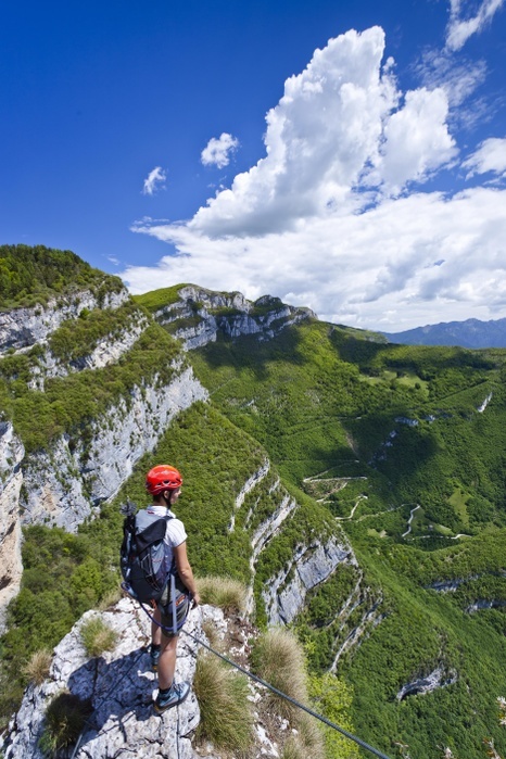 hiking Gerardo Sega fixed rope route on Monte Baldo above Avio, Lake Garda mountains, province of Trento, Italy, Europe