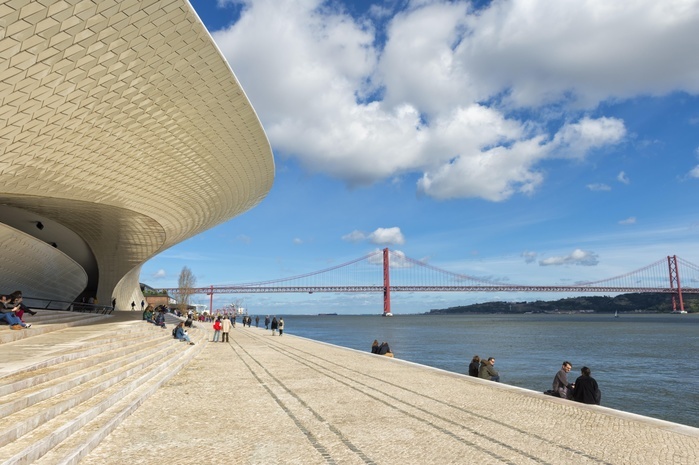 Portugal MAAT Ponte 25 de Abril bridge over the Tagus river, viewed from the MAAT, Museum of Art, Architecture and Technology, Lisbon, Portugal, Europe Photo by GTW