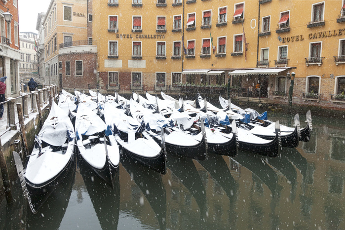 Veneto, Italy Som venetian traditional gondolas during a snowfall, Orseolo Dock, Venice, Veneto, Italy Photo by Diego Cuzzolin
