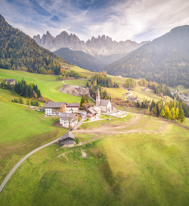 Trentino Alto Adige, Italy Aerial View of Santa Magdalena village, Funes Valley, Bolzano Province, Trentino Alto Adige, Italy Photo by Stefano Termanini