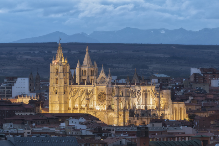 Spain Sunset view of exterior of Leon Cathedral, Leon, Castilla y Leon, Spain, Photo by Nestor Rodan