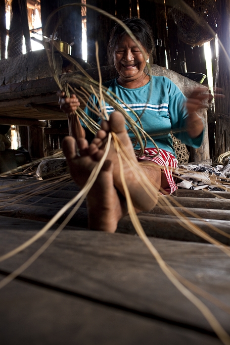 Indigenous Amazonian Peoples. In Pursuit of a Vanishing Language  Maria, one of the elder Oro Win, enjoys weaving a basket of forest vines, Sao Luis Indian Post, Amazon Basin, Brazil.  Most raw materials and food that sustain life of the Oro Win come from the forest, either through gathering or slash and burn agriculture.  Photo by Andy Richter Aurora Photos AFLO   2980 