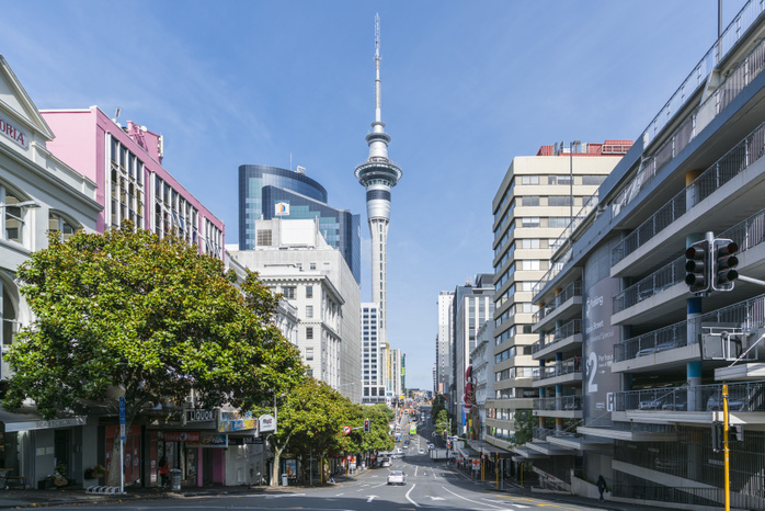 New Zealand Victoria Street and Sky Tower in Auckland CBD. Auckland City, Auckland region, North Island, New Zealand. Photo by Francesco Vaninetti