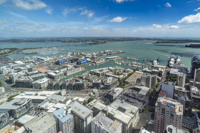 New Zealand View of the city harbour and bridge from Sky Tower. Auckland City, Auckland region, North Island, New Zealand. Photo by Francesco Vaninetti