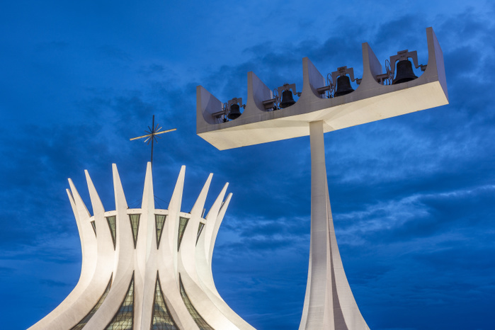 Brasilia Cathedral exterior, Brasilia, Brazil Brasilia Cathedral exterior with bell tower at dusk, Brasilia, Brazil, Photo by Vitor Marigo