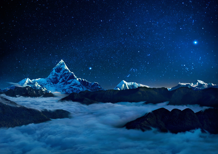 Starry sky over sea of clouds and mountains, Pokhara, Kaski, Nepal Landscape with starry sky over sea of clouds and snowcapped mountains, Pokhara, Kaski, Nepal, Photo by Per Andre Hoffmann 30635000