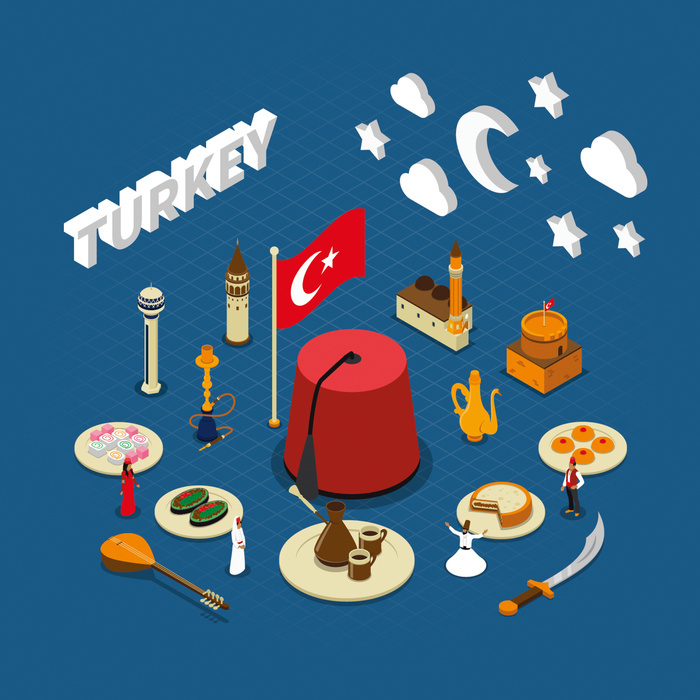 Turkey Cultural Isometric Symbols Composition Poster . Turkish cultural isometric symbols composition poster for travelers with traditional sweets landmarks and red tassel hat vector illustration