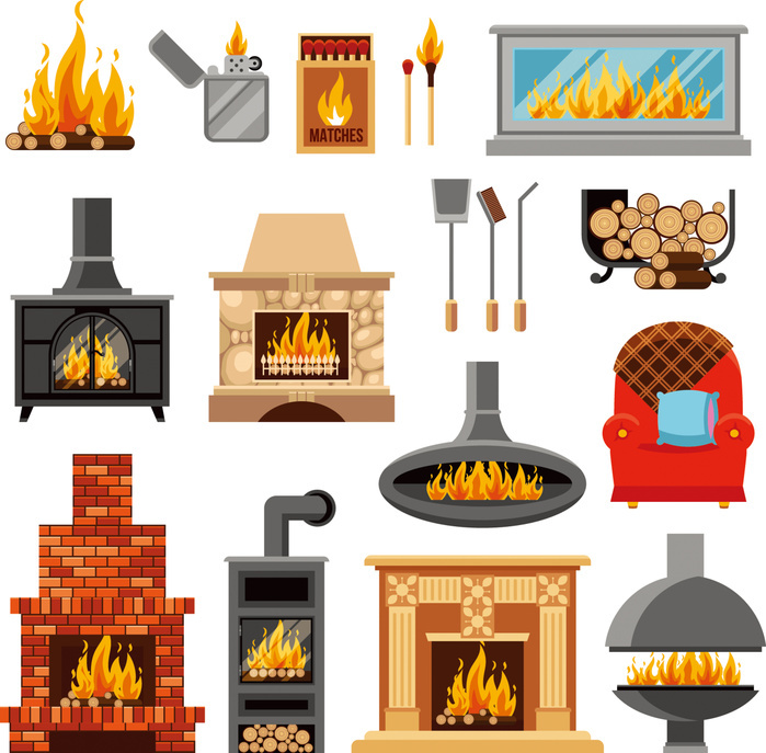 Fireplaces Icons Set. Flat icons set with various types of fireplaces tools for lighting fire and armchair isolated on white background vector illustration