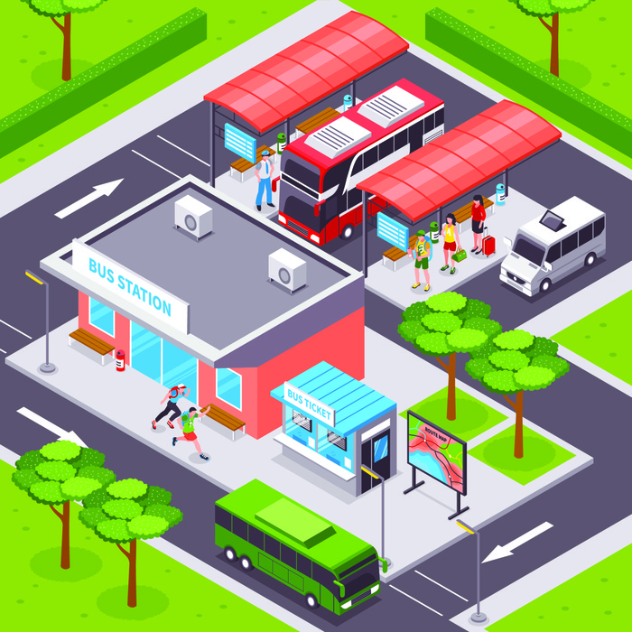 Bus Station Isometric Illustration. Bus station isometric design with  tourists on platforms public transport ticket office and road infrastructure vector illustration