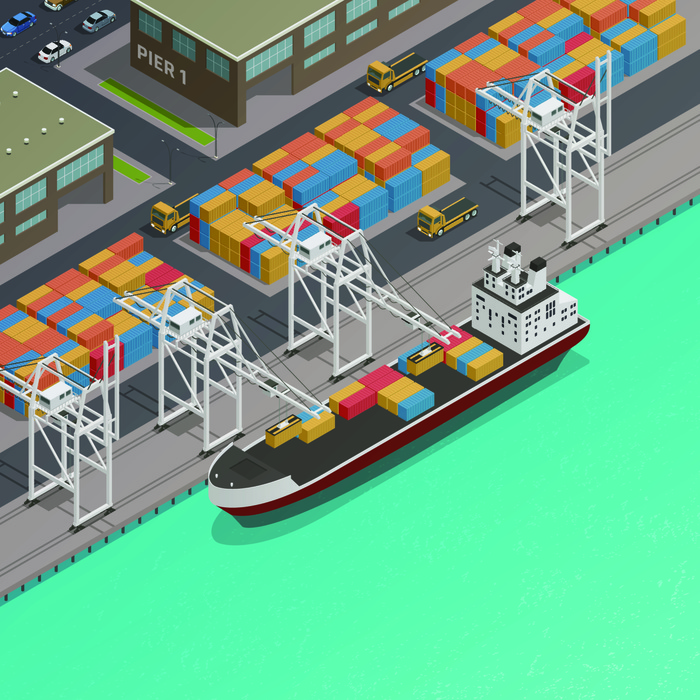 Freight Barges Harbor Wharf Isometric. Freight loading dock at harbor wharf with moored cargo barge and stacked containers isometric composition vector illustration