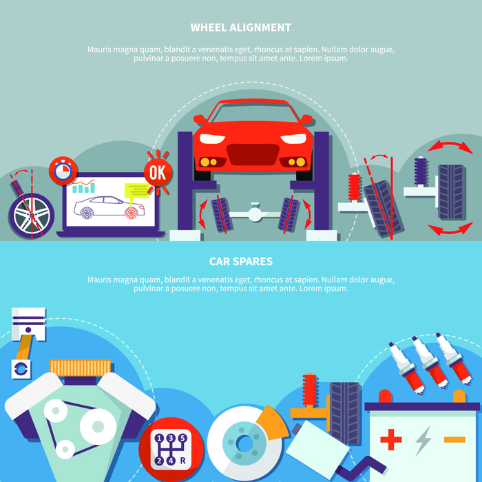 Wheel Alignment And Car Spares Horizontal Banner. Two horizontal banner on auto service theme with wheel alignment and car spares design compositions flat vector illustration