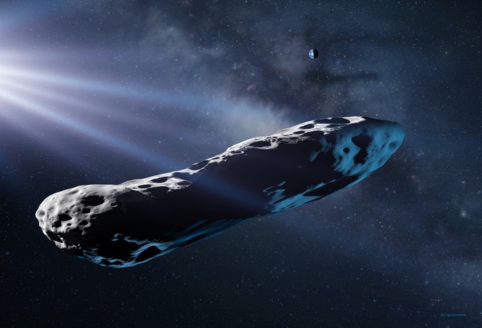 Interstellar comet  Oumuamua, illustration Illustration of the interstellar comet 1I 2017 U1   Oumuamua , discovered in October 2017. It is the first object to be confirmed as originating around another star. It came from the direction of the star Vega, which is 25 light years from the Sun. It was originally classified as an asteroid, but was observed venting gas  outgassing , which is typical of comets, and was reclassified.  Oumuamua measures up to 400 metres long and is thought to be 10 times as long as it is wide. Photo by DETLEV VAN RAVENSWAAY SCIENCE PHOTO LIBRARY