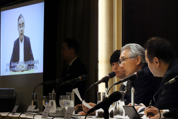Carlos Ghosn video message April 9, 2019, Tokyo, Japan   Former Nissan Motor chairman Carlos Ghosn s lawyer Junichiro Hironaka speaks at the Foreign Correspondents  Club of Japan in Tokyo on Tuesday, April 9, 2019. Hironaka released a video message by Ghosn which was recorded before he was rearrested over a new allegation of aggravated breach of trust over a payment to Oman.     Photo by Yoshio Tsunoda AFLO 