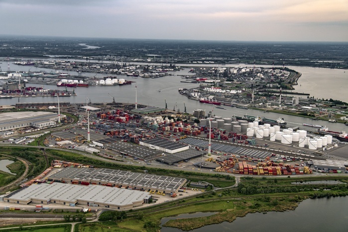 Industrial port and oil refinery, aerial photograph Industrial port and oil refinery, aerial photograph. Photographed in May 2018, in an industrial zone in Antwerp, Belgium. Photo by AYA OKAWA   SCIENCE PHOTO LIBRARY