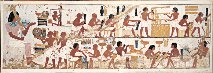 Egyptian tomb scenes, illustration Egyptian tomb scenes, illustration. These scenes show craftsmen on the walls of the tomb of Nebamun and Ipuky. They date from the New Kingdom  Dynasty 18 , during the reign of Amenhotep III to Akhenaten, in around 1390 BC to 1349 BC. This tomb is in Upper Egypt. This illustration  tempera on paper  is by Egyptologist Norman de Garis Davies  1865  941 . Photo by METROPOLITAN MUSEUM OF ART SCIENCE PHOTO LIBRARY