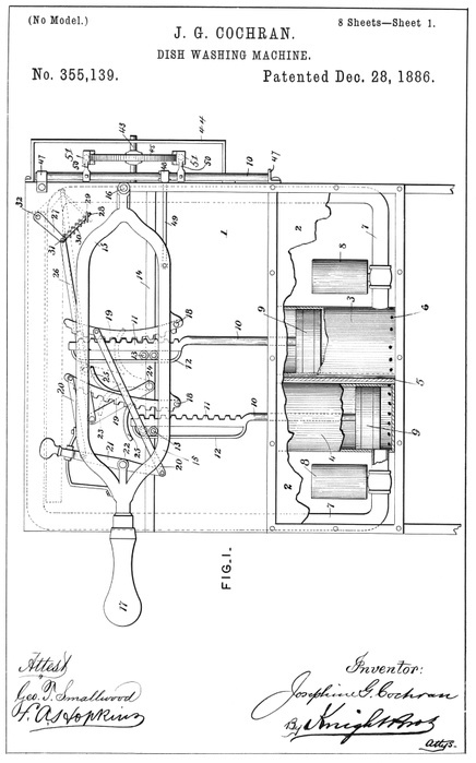 Cochran s dishwasher patent, 1886 Cochran s dishwasher patent, 1886. Printed patent drawing of the dishwasher produced by US inventor Josephine Garis Cochran  1839 1913 , later known as Cochrane. Her design was the first to use water pressure to clean the dishes. Earlier designs had used mechanical scrubbers. Cochrane was inducted into the National Inventors Hall of Fame in 2006. This is patent number 355,139 from the US Patent Office, dated 28 December 1886. Photo by US NATIONAL ARCHIVES AND RECORDS ADMINISTRATION SCIENCE PHOTO LIBRARY