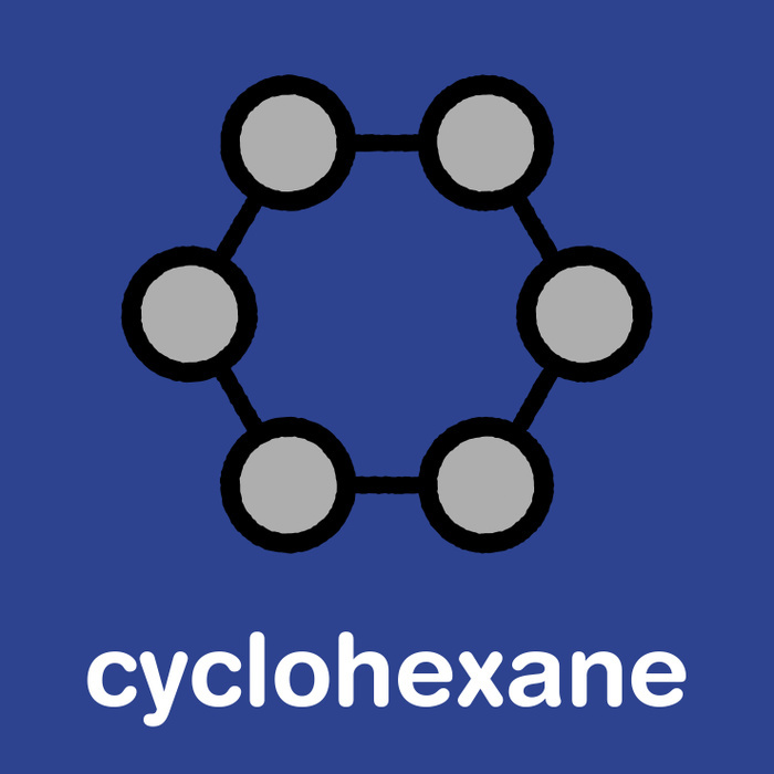 Cyclohexane chemical solvent molecule Cyclohexane chemical solvent molecule. Stylized skeletal formula  chemical structure . Atoms are shown as color coded circles with thick black outlines and bonds: hydrogen  hidden , carbon  grey ., MOLEKUUL SCIENCE PHOTO LIBRARY