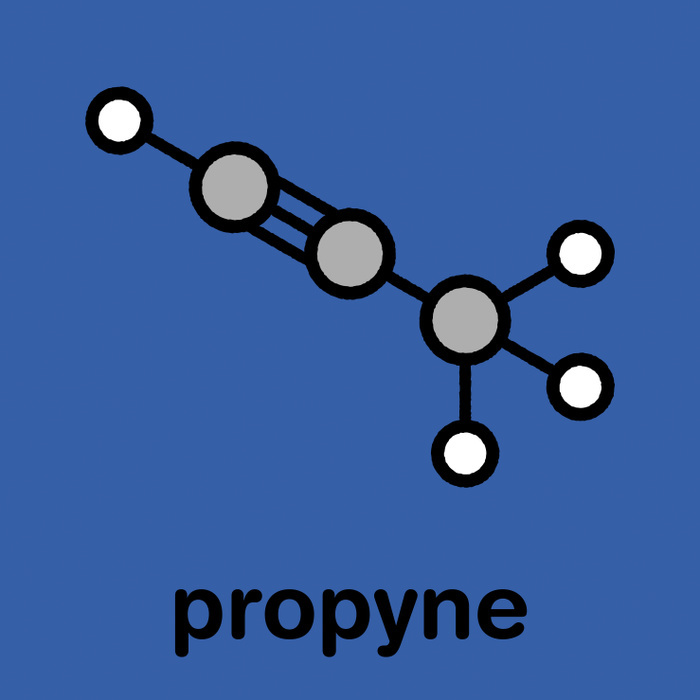 Propyne molecule Propyne molecule. Stylized skeletal formula  chemical structure . Atoms are shown as color coded circles with thick black outlines and bonds: hydrogen  white , carbon  grey ., MOLEKUUL SCIENCE PHOTO LIBRARY