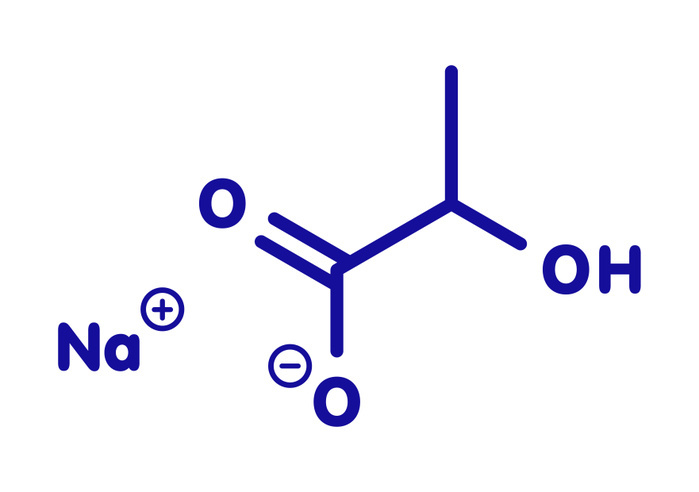 Sodium lactate Sodium lactate, chemical structure. Blue skeletal formula on white background., MOLEKUUL SCIENCE PHOTO LIBRARY