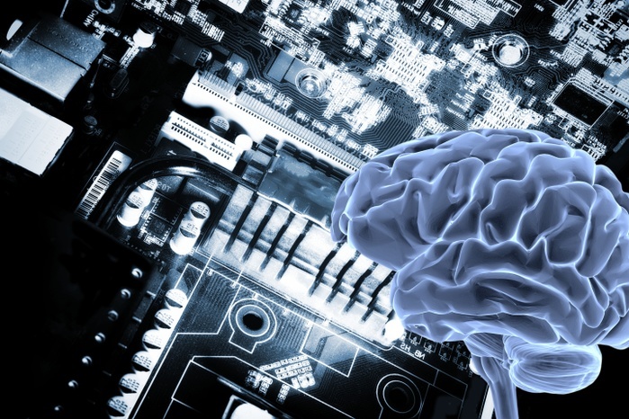 Artificial Intelligence, conceptual image Artificial intelligence. Human brain with a large microchip against a computer motherboard.