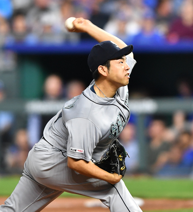 2019 MLB Seattle Mariners starting pitcher Yusei Kikuchi delivers a pitch during the Major League Baseball game against the Chicago White Sox at Kauffman Stadium in Kansas City, Missouri, United States, April 10, 2019.  Photo by AFLO 
