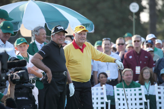 2019 Masters Opening Day First Pitch Honorary starter South Africa s Gary Player, left, and USA s Jack Nicklaus, right, pose on the first tee during ceremonial start on the  first round of the 2019 Masters golf tournament at the Augusta National Golf Club in Augusta, Georgia, United States of America, on April 11, 2019.  Photo by Koji Aoki AFLO SPORT 