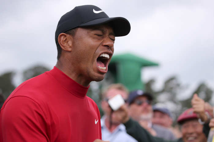 2019 Masters golf tournament United State  Tiger Woods celebrates winning on the 18th hole during the final round of the 2019 Masters golf tournament at the Augusta National Golf Club in Augusta, Georgia, United States, on April 14, 2019.  Photo by Koji Aoki AFLO SPORT 