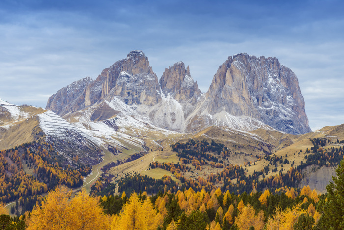 Italy Langkofel in autumn, Passo di Pordoi, Canazei, Dolomites, Trentino Alto Adige, South Tirol, Italy, Europe, Photo by Raimund Linke