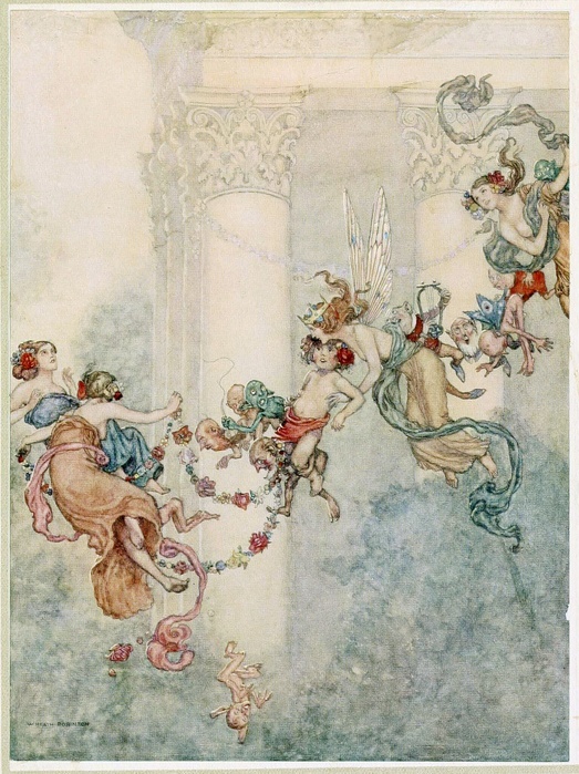 Puck: She never had so sweet a changeling, from A Midsummer Nights Dream, pub. 1914. Creator: Wiliam Heath Robinson  1872   1944 . Puck: She never had so sweet a changeling, from A Midsummer Nights Dream by William Shakespeare  1564   1616 , pub. 1914  colour lithograph , 1914.