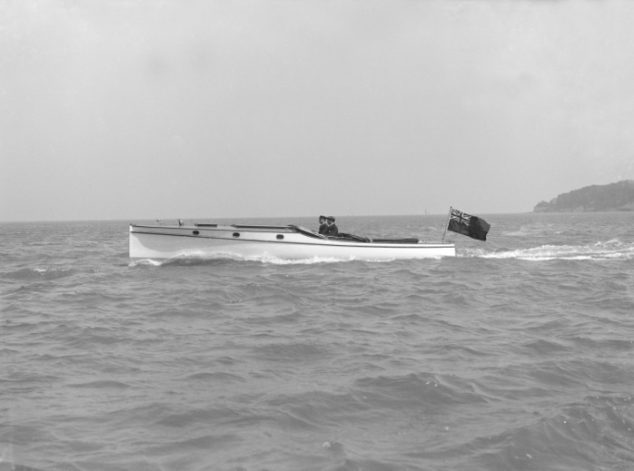The Wolseley motor launch  Maia , 1914. Creator: Kirk  amp  Sons of Cowes. The Wolseley motor launch  Maia , 1914. The Wolseley Motors company, a British motor vehicle manufacturer founded in early 1901 by Vickers, also built marine power units for a variety of watercraft. At first engines for launches were made in partnership with the well known manufacturers, the Teddington Launch Works, to supply the launches. Demand for marine engines grew and Wolseley also designed and manufactured engines for hydroplanes, cruisers, passenger ferries and lifeboats. Many of the larger vessels were built by S. E. Saunders Ltd., at Cowes, Isle of Wight.