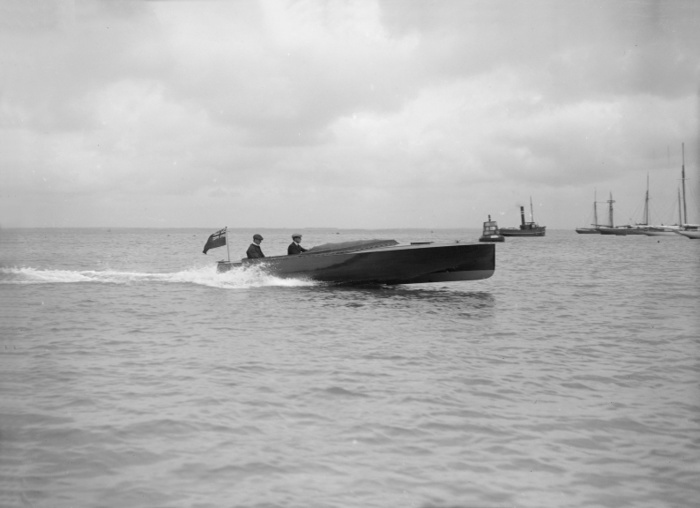 Wolseley hydroplane, 1912. Creator: Kirk  amp  Sons of Cowes. Wolseley hydroplane, 1912. The Wolseley Motors company, a British motor vehicle manufacturer founded in early 1901 by Vickers, also built marine power units for a variety of watercraft. At first engines for launches were made in partnership with the well known manufacturers, the Teddington Launch Works, to supply the launches. Demand for marine engines grew and Wolseley also designed and manufactured engines for hydroplanes, cruisers, passenger ferries and lifeboats. Many of the larger vessels were built by S. E. Saunders Ltd., at Cowes, Isle of Wight. The 120 hp V8 units for hydroplanes were of very advanced design, where weight was critical, and so required considerable development work.