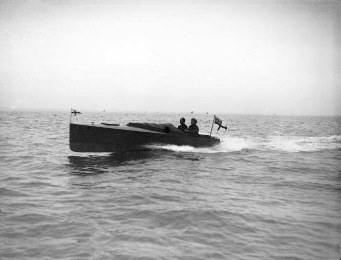 Wolseley hydroplane, 1912. Creator: Kirk  amp  Sons of Cowes. Wolseley hydroplane, 1912. The Wolseley Motors company, a British motor vehicle manufacturer founded in early 1901 by Vickers, also built marine power units for a variety of watercraft. At first engines for launches were made in partnership with the well known manufacturers, the Teddington Launch Works, to supply the launches. Demand for marine engines grew and Wolseley also designed and manufactured engines for hydroplanes, cruisers, passenger ferries and lifeboats. Many of the larger vessels were built by S. E. Saunders Ltd., at Cowes, Isle of Wight. The 120 hp V8 units for hydroplanes were of very advanced design, where weight was critical, and so required considerable development work.