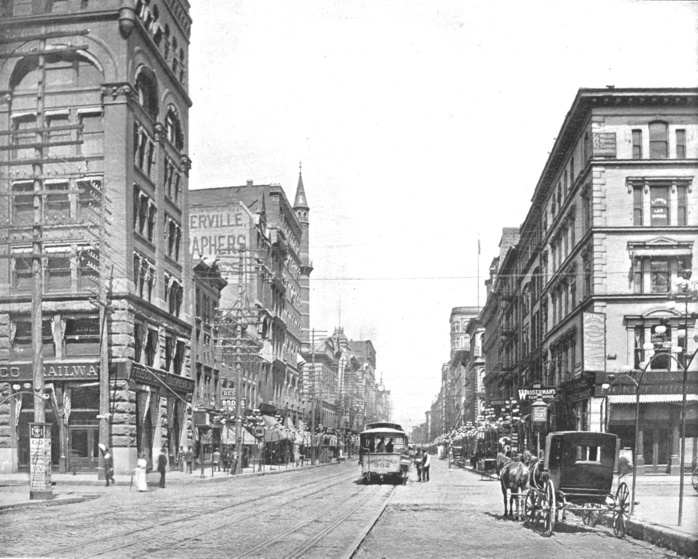Broadway, North from Chestnut Street, St. Louis, Missouri, USA, c1900.  Creator: Unknown. Broadway, North from Chestnut Street, St. Louis, Missouri, USA, c1900. Trams and a horse drawn carriage. From Scenic Marvels of the New World edited by Prof. Geo.R. Cromwell.  C.N.Greig  amp  Co., c1900 