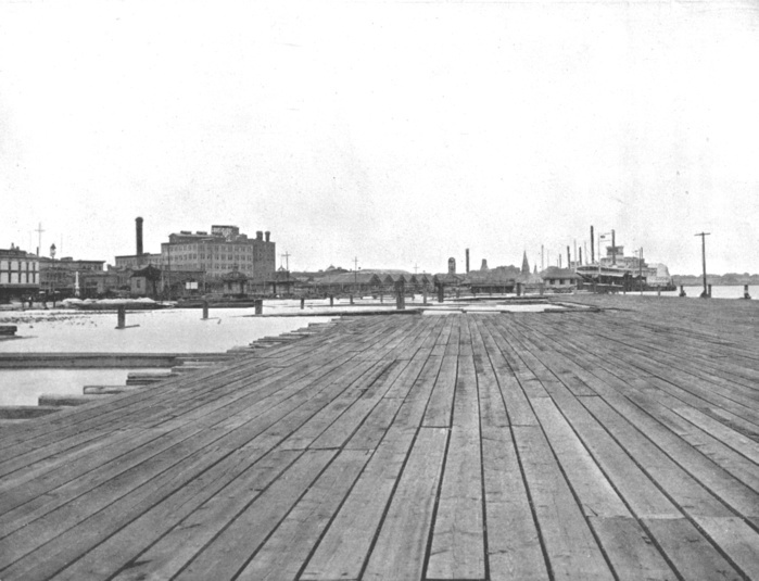 Levee and Steamboat Landing, New Orleans, Louisiana, USA, c1900. Creator: Unknown. Levee and Steamboat Landing, New Orleans, Louisiana, USA, c1900. Wooden decking on the banks of the Mississippi. From Scenic Marvels of the New World edited by Prof. Geo.R. Cromwell.  C.N.Greig  amp  Co., c1900 