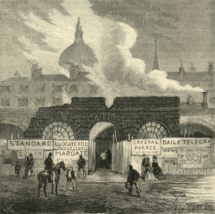  The Last Remains of the Fleet Prison , c1872. Creator: Unknown.  The Last Remains of the Fleet Prison , c1872. Hoardings advertising the Crystal Palace outside the ruins of the prison, with a steam train and St Paul s Cathedral in the distance. The notorious prison by the River Fleet in London was originally built in 1197. During the 18th century it was mainly used for debtors and bankrupts. It was rebuilt several times, and was in use until 1844, being demolished in 1846. From Old and New London, Vol. II: A Narrative of Its History, Its People, and Its Places, by Walter Thornbury.  Cassell, Petter, Galpin  amp  Co., London, Paris  amp  New York 