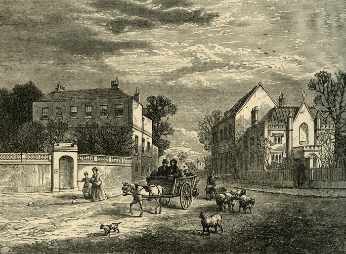  Holcrofts and the Priory, Fulham ,  c1878 . Creator: Unknown.  Holcrofts and the Priory, Fulham ,  c1878 . View of the Fulham Road, with Holcrofts Hall to the left, and Holcrofts Priory on the right. Sheep are being driven down the street, with people travelling in a horse drawn cart. Holcrofts Halll, built c1700, was at one time the home of English actress and a contralto opera singer Madame  Lucia  Vestris,  1797 1856 . Fulham, which at that time was a village on the River Thames, is now part of greater London. From Old and New London: A Narrative of Its History, Its People, And Its Places. The Southern Suburbs, Volume VI, by Edward Walford.  Cassell, Petter, Galpin  amp  Co., London, Paris  amp  New York, c1878 