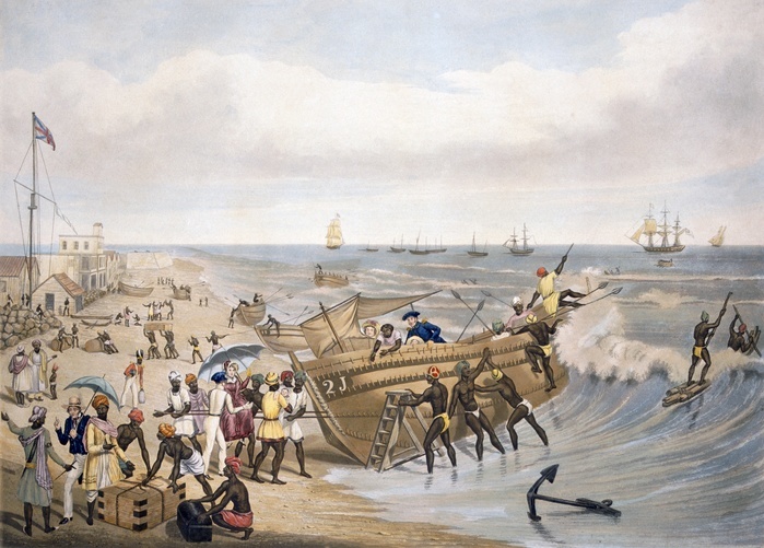 Madras, Embarking, 1856. Creator: J.B. East  19th century . Madras, Embarking, engraved by C. Hunt, 1856  coloured engraving . Madras, now known as Chennai is the capital of the Indian state of Tamil Nadu  a group of Europeans come to shore aided by indigenous workers.