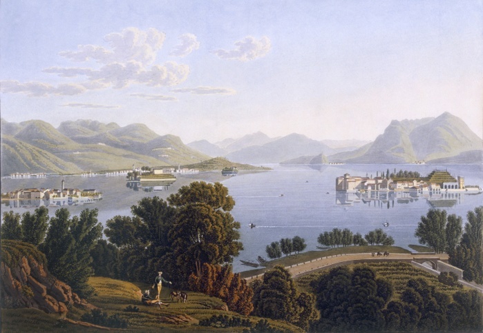 View of Lake Maggiore and the Borromean Islands, 1819. Creator: Swiss School  19th Century . View of Lake Maggiore and the Borromean Islands, from  Voyage Pittoresque de Geneve a Milan , 1819  colour litho . Lake Maggiore spreads across both Switzerland and Italy and contains the Borromean Islands  the area is reknowned for it s natural beauty.