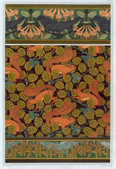 Designs for wallpaper,  and borders,  pub. 1897. Creator: Maurice Pillard Verneuil  1869 1942 . Designs for wallpaper,  and borders:  quot Swifts and Honeysuckle quot ,  quot Squirrels and Hazelnuts quot  and  quot Birds with Catkins quot , from  L Animal dans la Decoration  by Maurice Pillard Verneuil,  pub. 1897  colour lithograph . Designs for wallpaper,  and borders:  quot Swifts and Honeysuckle quot ,  quot Squirrels and Hazelnuts quot  and  quot Birds with Catkins quot , from  L Animal dans la Decoration  by Maurice Pillard Verneuil.