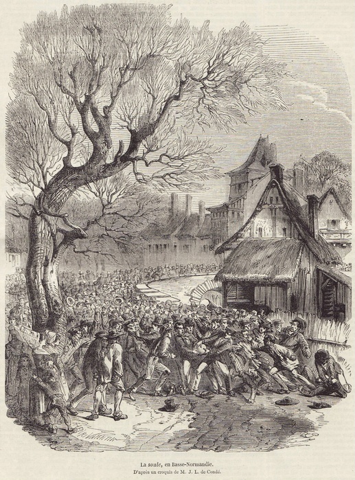 La Soule, en Basse   Normandie, pub February 28, 1852. Creator: French School  19th Century . La Soule, en Basse   Normandie, from L Illustration, pub February 28, 1852  engraving . Traditionally a team game played in Normandy after church at Christmas and Easter and on Saints  days   Objective of game was to get the ball into the opponents goal using sticks, hands and feet   the ball  la Soule  was made from wood or leather stuffed with hay, horsehair, or moss.