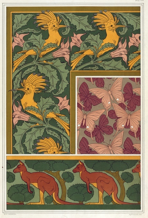 Designs for wallpaper borders and silk fabric, pub. 1897. Creator: Maurice Pillard Verneuil  1869 1942 . Designs for wallpaper borders and silk fabric:  quot Hoopoe and Devil s Trumpet quot ,  quot Kangaroo and Trees quot and  quot Butterflies quot ,  from  L Animal dans la Decoration  by Maurice Pillard Verneuil, pub. 1897  colour lithograph . Designs for wallpaper borders and silk fabric:  quot Hoopoe and Devil s Trumpet quot ,  quot Kangaroo and Trees quot and  quot Butterflies quot ,  from  L Animal dans la Decoration  by Maurice Pillard Verneuil.