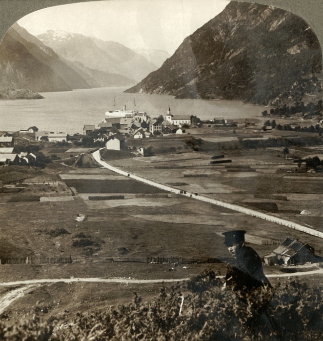  Village roofs and sunny fields of Odde, N. up the narrow mountain walled Sorfjord, Norway , 1905. Creator: Unknown.  Village roofs and sunny fields of Odde, N. up the narrow mountain walled Sorfjord, Norway , 1905. From  quot The Underwood Travel Library   Norway quot .  Underwood  amp  Underwood, London, 1905 