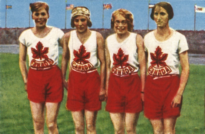 Canadian team, women s 4 x 100 metres relay, 1928. Creator: Unknown. Canadian team, women s 4 x 100 metres relay, 1928. Ethel Smith, Bobbie Rosenfeld, Myrtle Cook and Jane Bell won gold medal at the 1928 Summer Olympics, held in Amsterdam. From  quot Die Welt in Bildern quot ,  The World in Pictures , cigarette card album, c1928.  Georg A Jasmatzi, A. G., Dresden, Germany 