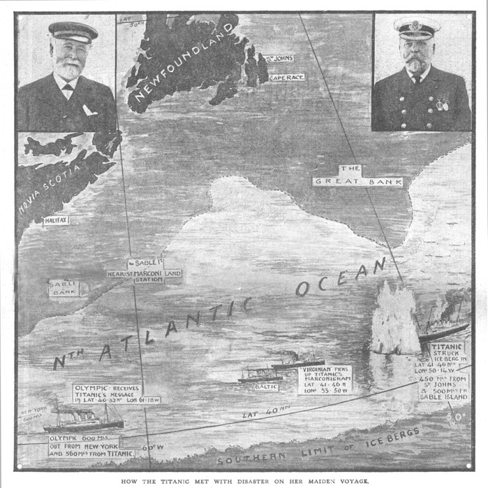  How the Titanic met with Disaster on her Maiden Voyage , April 20, 1912. Creator: Unknown.  How the Titanic met with Disaster on her Maiden Voyage , April 20, 1912. Map of the North Atlantic Ocean, with portraits of William Pirrie, chairman of Harland and Wolff who built the  Titanic  but missed sailing due to illness  the captain, Edward Smith, who went down with the ship  illustrations of the  Titanic  hitting the iceberg, and the ships that picked up her distress signals. The White Star Line ship RMS  Titanic  struck an iceberg in thick fog off Newfoundland on 14 April 1912. She was the largest and most luxurious ocean liner of her time, and claimed by Pirrie to be unsinkable. In the collision, five of her watertight compartments were compromised and she sank. Out of the 2228 people on board, only 705 survived. A major cause of the loss of life was the insufficient number of lifeboats she carried. Page 2 from  quot Titanic In Memoriam Number quot , a special supplement in  quot The Daily Graphic quot  newspaper issued following the sinking of the  Titanic  on 15 April 1912, published on 20 April 1912.