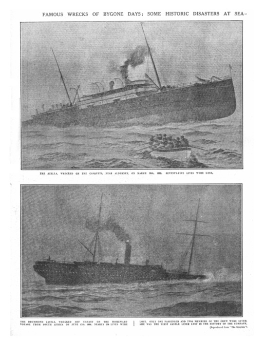  Famous Wrecks of Bygone Days: Some Historic Disasters at Sea , April 20, 1912. Creator: Unknown.  Famous Wrecks of Bygone Days: Some Historic Disasters at Sea   Recalled by the Disaster which has Overtaken the Titanic , April 20, 1912.  The Stella, wrecked on the Casquets, near Alderney, 30 March 1899. Seventy five lives were lost , and  The Drummond Castle , a steamship operated by the Castle Mail Packets Co, wrecked off the Brittany coast en route from Cape Town to London on 16 June 1896. Of the 103 crew and 143 passengers on board, only 3 people survived the disaster. Page 12, from  quot Titanic In Memoriam Number quot , a special supplement in  quot The Daily Graphic quot  newspaper issued following the sinking of the  Titanic  on 15 April 1912, published on 20 April 1912.