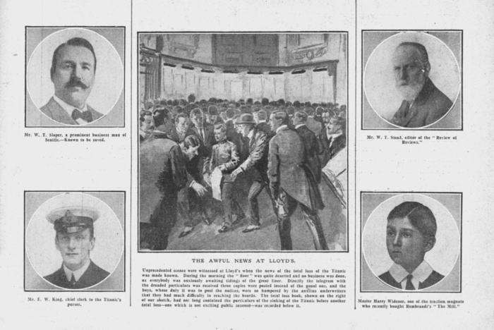 The Awful News at Lloyd s , with portraits of some of those on board the  Titanic , April 20, 1912. Creator: Unknown.  The Awful News at Lloyd s , with portraits of some of those on board the  Titanic , April 20, 1912. People receiving news of the disaster at Lloyd s insurance offices in London, with portraits of passengers including British author and journalist William Thomas Stead  1849 1912 . Some of Stead s articles appeared to anticipate the sinking of the  Titanic . The White Star Line ship RMS  Titanic  struck an iceberg in thick fog off Newfoundland on 14 April 1912. She was the largest and most luxurious ocean liner of her time, and thought to be unsinkable. In the collision, five of her watertight compartments were compromised and she sank. Out of the 2228 people on board, only 705 survived. A major cause of the loss of life was the insufficient number of lifeboats she carried. Page 16, from  quot Titanic In Memoriam Number quot , a special supplement in  quot The Daily Graphic quot  newspaper issued following the sinking of the  Titanic  on 15 April 1912, published on 20 April 1912. 