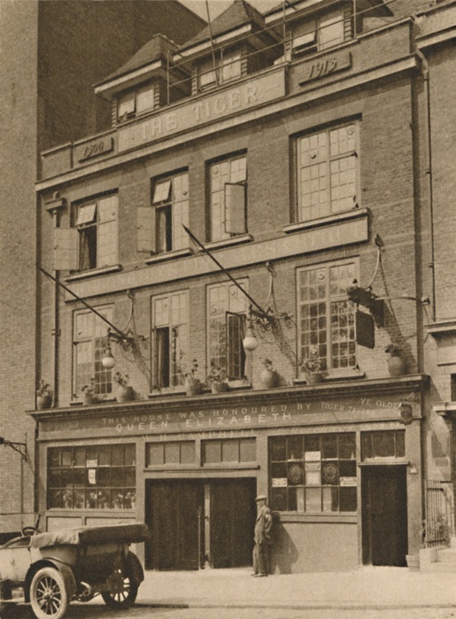  The Tiger Tavern on Tower Hill , c1935. Creator: Unknown.  The Tiger Tavern on Tower Hill , c1935. Tavern at Tower Hill in London: the sign says  This house was honoured by Queen Elizabeth . Legend has it that the Tiger Tavern had the mummified remains of a cat said to have been stroked by the young Princess Elizabeth when she was held a prisoner in the nearby Tower of London. From  quot Wonderful London, Volume 1 quot , edited by Arthur St John Adcock.  The Fleetway House, London, c1935 