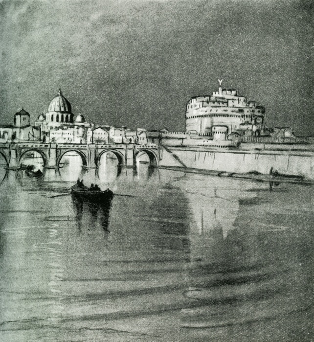  Rome and the Tiber. A Pageant Set on Seven Hills , 1928. Creator: Donald Maxwell.  Rome and the Tiber. A Pageant Set on Seven Hills , 1928. View of the basilica of St Peter s, Ponte Sant Angelo and Castel Santangelo on the River Tiber, Rome, Italy. Illustration originally published in  quot Travels in Hope quot  by James Milne, with drawings by Donald Maxwell. From  quot The Bookman   Special Christmas Number 1928 quot .  Hodder  amp  Stoughton Ltd, London, 1928 
